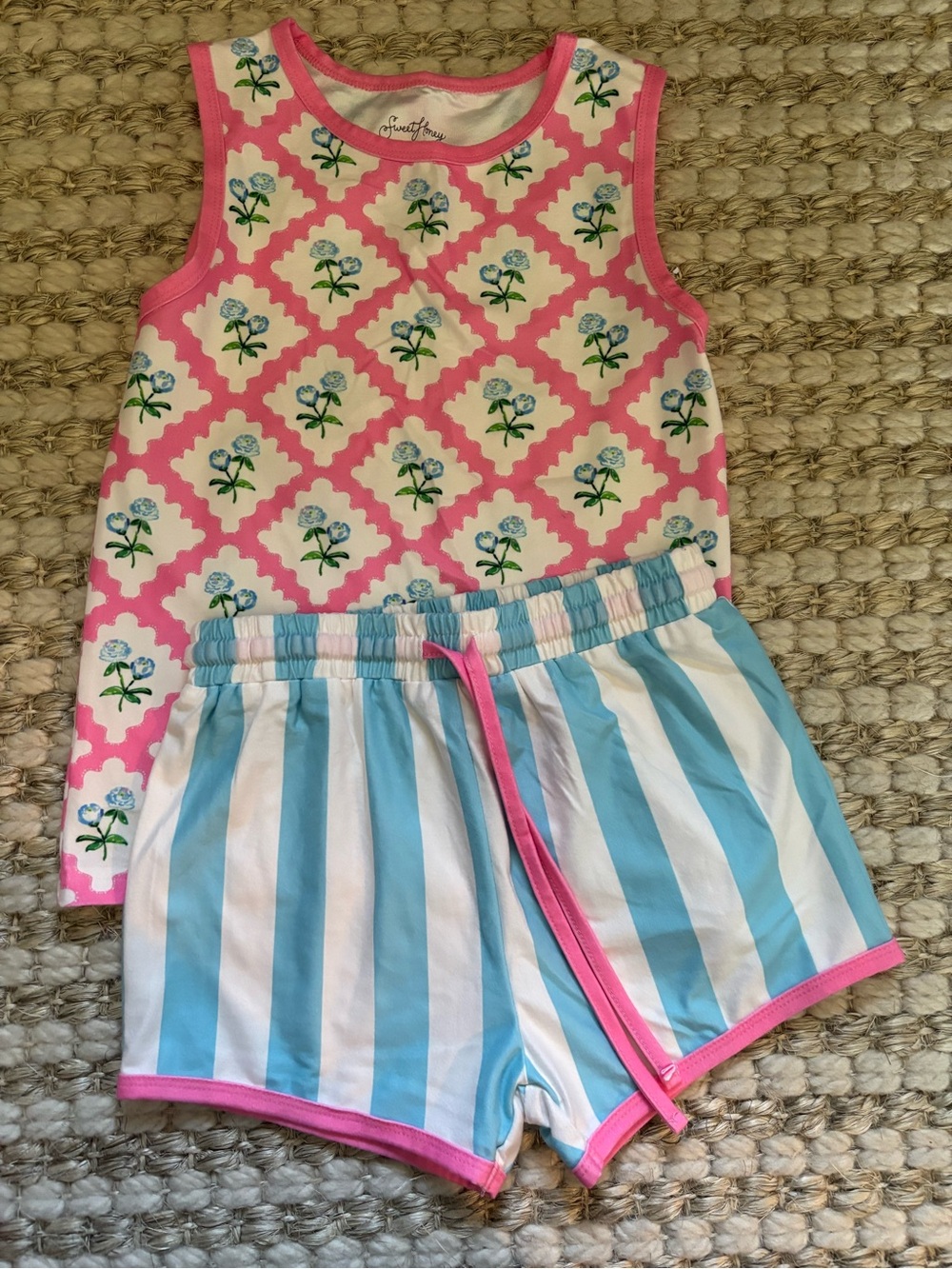SweetHoney Pink & Blue Floral Tank with Blue-White Stripe Shorts Pajama Set